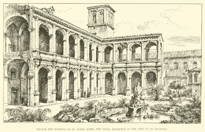 Palast und Basilika von St. Markus, Rom, die päpstliche Residenz zur Zeit des Hl. Ignatius (Gravur) von Henry William Brewer