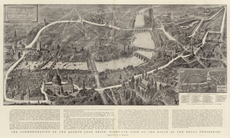 Die Feier des langen Regierungsjubiläums der Königin, Vogelperspektive der Route des königlichen Prozessions von Henry William Brewer