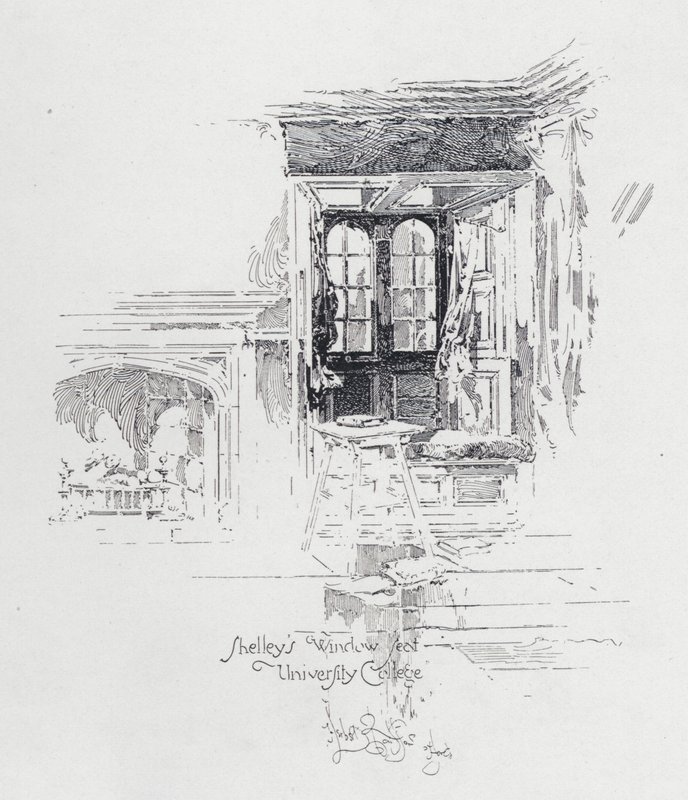 Fenstersitz des englischen Dichters Percy Bysshe Shelley am University College, Oxford (Lithografie) von Herbert (after) Railton