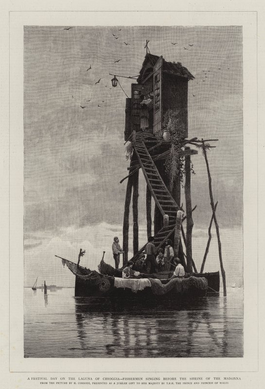 Ein Festtag in der Lagune von Chioggia, Fischer singen vor dem Schrein der Madonna von Hermann David Salomon Corrodi