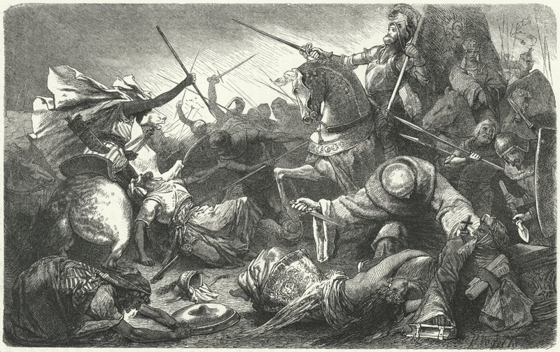 Christen kämpfen gegen die Almohaden in der Schlacht von Las Navas de Tolosa, Spanien, 1212 von Hermann Vogel
