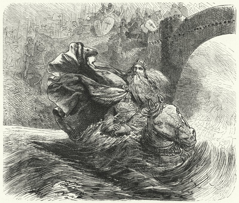 Friedrich Barbarossa ertrinkt im Fluss Saleph während des Dritten Kreuzzugs, 1190 von Hermann Vogel