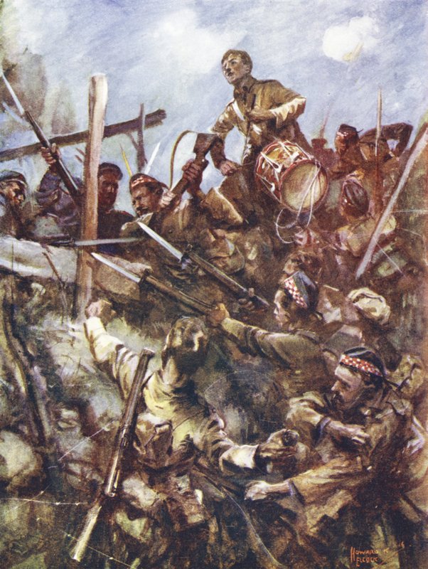 Trommler Walter Ritchie steht auf dem Feindeswall, um den Angriff zu signalisieren, unter schwerem Maschinengewehrfeuer und Bombenangriffen, Beaumont Hamel, Frankreich, 1. Juli 1916 von Howard K. Elcock