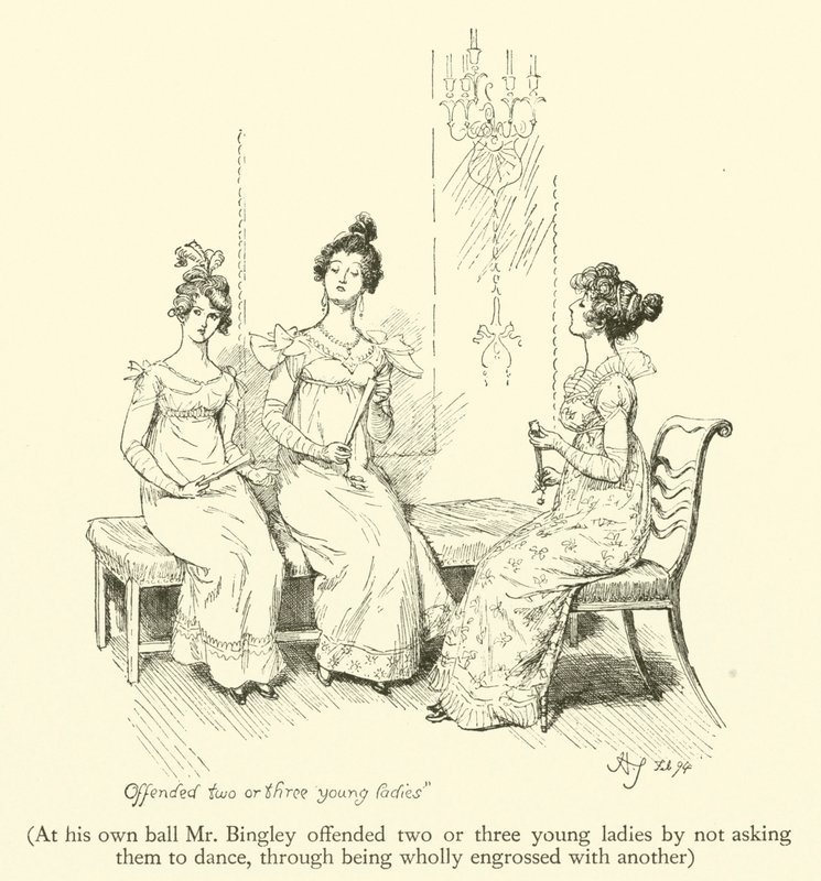 Auf seinem eigenen Ball beleidigte Mr. Bingley zwei oder drei junge Damen, indem er sie nicht zum Tanzen aufforderte, da er völlig von einer anderen in Anspruch genommen war (Gravur) von Hugh Thomson