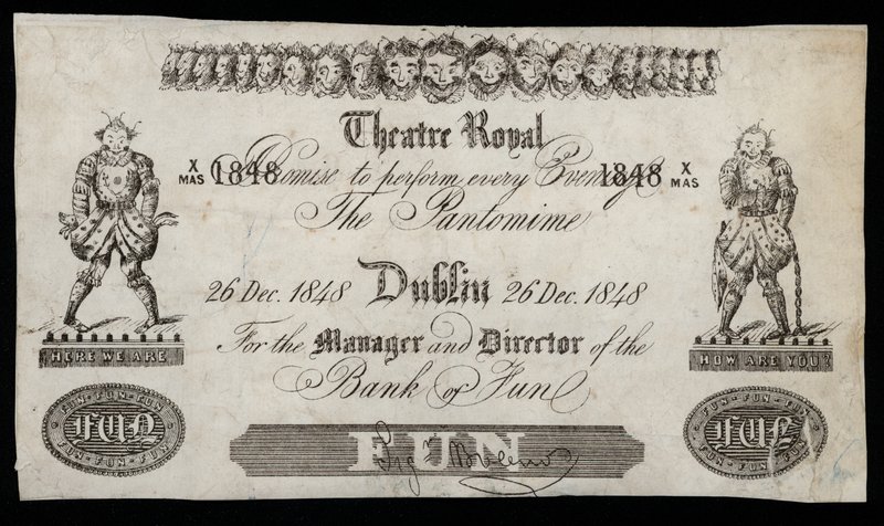 Werbung für eine Pantomime im Theatre Royal, Dublin, basierend auf einem Bank of Ireland-Banknote von Irish School