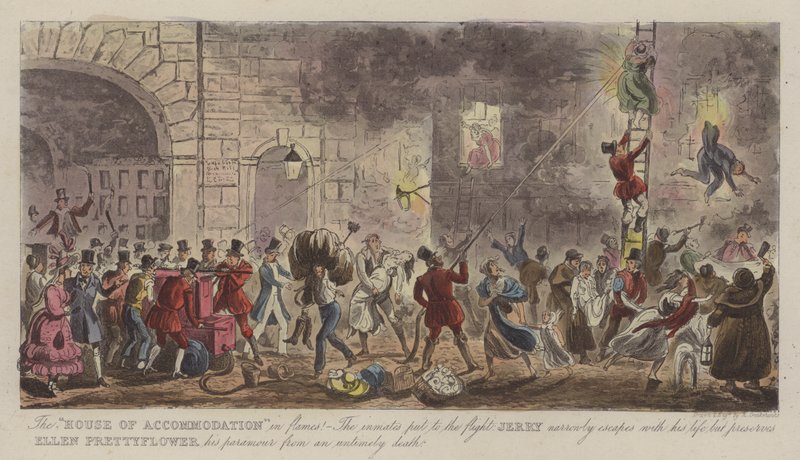 Das "Haus der Unterkunft" in Flammen! von Isaac Robert (after) Cruikshank