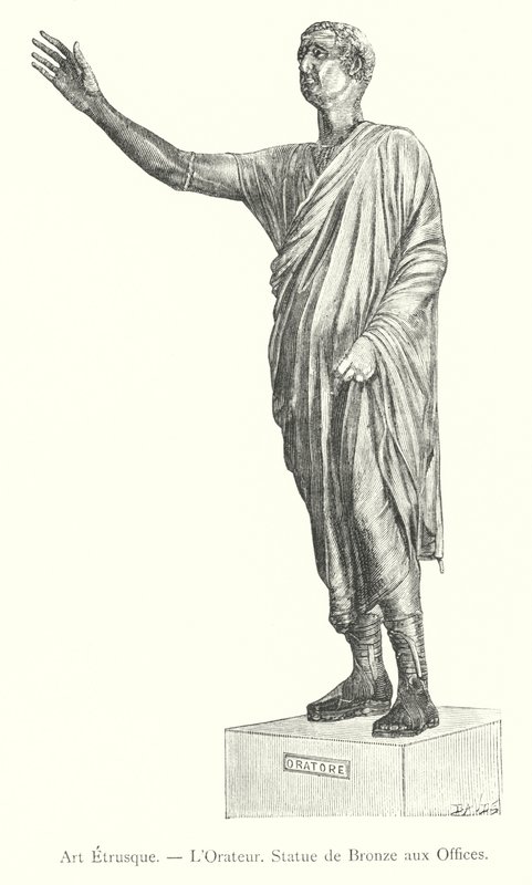 Etruskische Kunst, Der Redner, Bronzestatue in den Uffizien (Stich) von Italian School