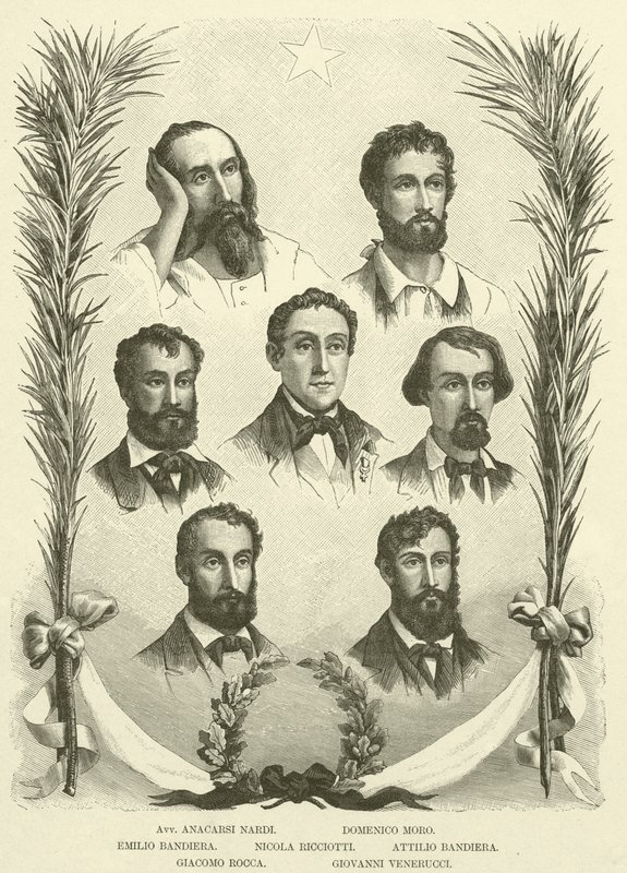 Avv Anacarsi Nardi, Domenico Moro, Emilio Bandiera, Nicola Ricciotti, Attilio Bandiera, Giacomo Rocca, Giovanni Venerucci (Gravur) von Italian School