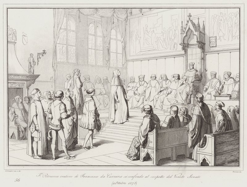Francesco Petrarca, Redner von Francesco da Carrara, wird vor dem venezianischen Senat verwirrt von Italian School