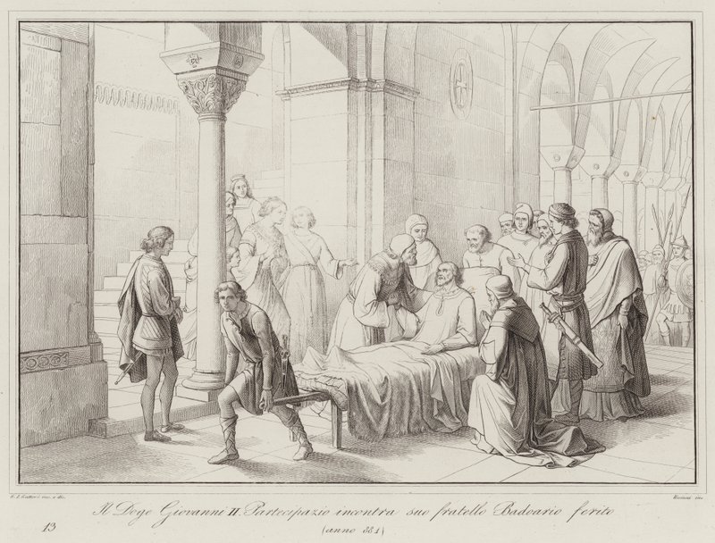 Der Doge Giovanni II Partecipazio trifft seinen verwundeten Bruder Badoario, 884 (Gravur) von Italian School