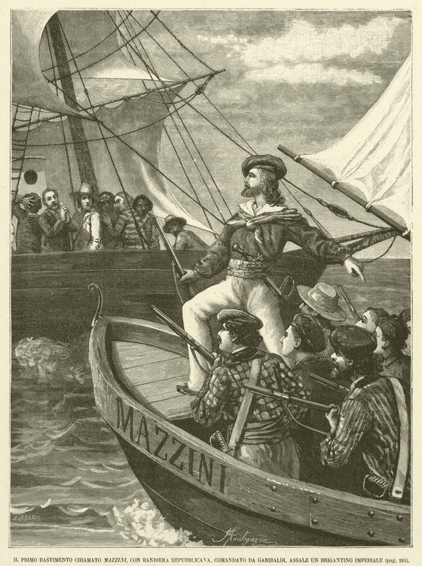 Das erste Schiff namens Mazzini, mit republikanischer Flagge, kommandiert von Garibaldi, greift ein kaiserliches Schiff an (Stich) von Italian School