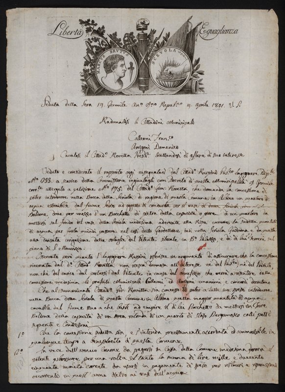 Brief auf Italienisch, mit einer Darstellung des Kopfes von Brutus dem Jüngeren, einer brennenden Hand, die Gaius Mucius Scaevola darstellt, und dem Motto der Französischen Revolution von Italian School