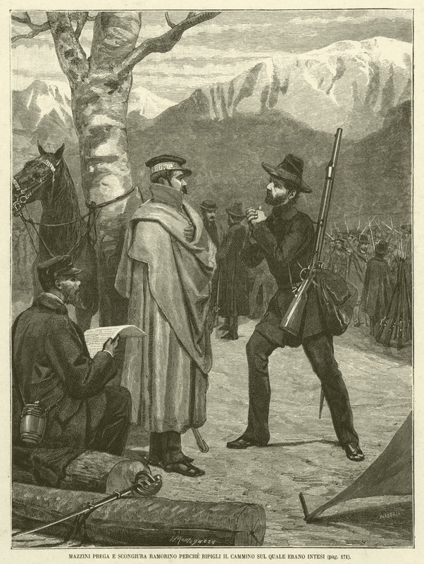 Mazzini betet und fleht Ramorino an, den Weg wieder aufzunehmen, auf dem sie sich geeinigt hatten (Gravur) von Italian School