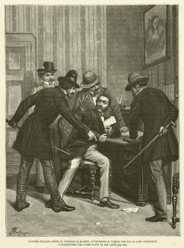 Vier Italiener hinter dem Rat von Mazzini warnten Corelli, dass er von ihnen bekannt war und bestanden darauf, alle seine Papiere zu haben (Stich) von Italian School