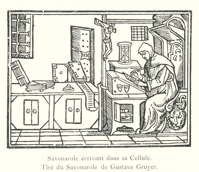 Savonarola schreibt in seiner Zelle, aus dem Savonarola von Gustave Gruyer von Italian School