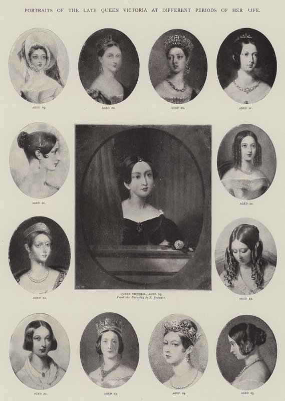 Porträts der verstorbenen Königin Victoria zu verschiedenen Zeiten ihres Lebens von J. Stewart