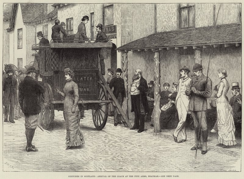 Skizzen in Schottland, Ankunft der Kutsche am Fife Arms, Braemar von J.M.L. Ralston