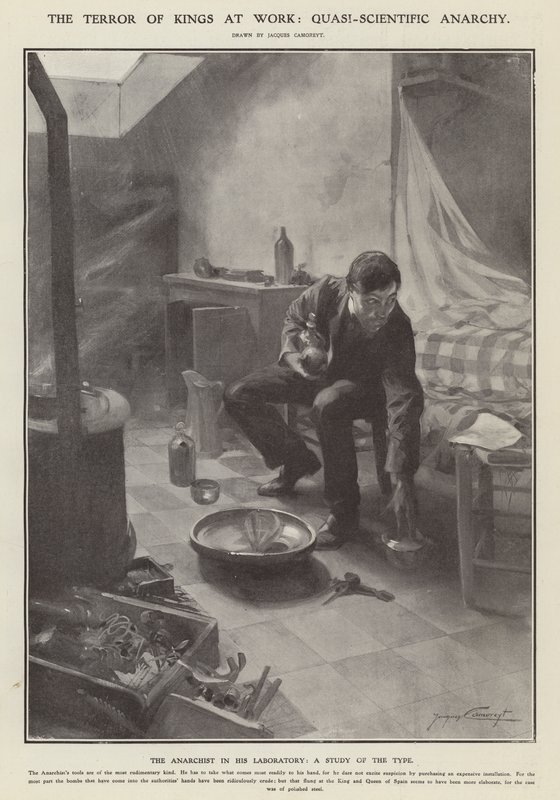 Der Schrecken der Könige bei der Arbeit: quasi-wissenschaftliche Anarchie (Lithographie) von Jacques Marie Omer Camoreyt