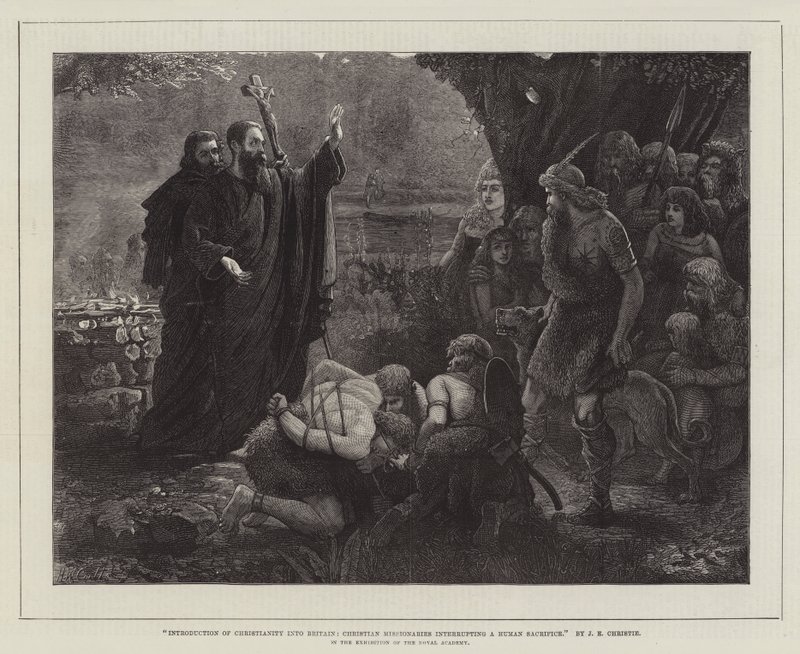Einführung des Christentums in Großbritannien, christliche Missionare unterbrechen ein Menschenopfer, in der Ausstellung der Royal Academy von James Elder Christie