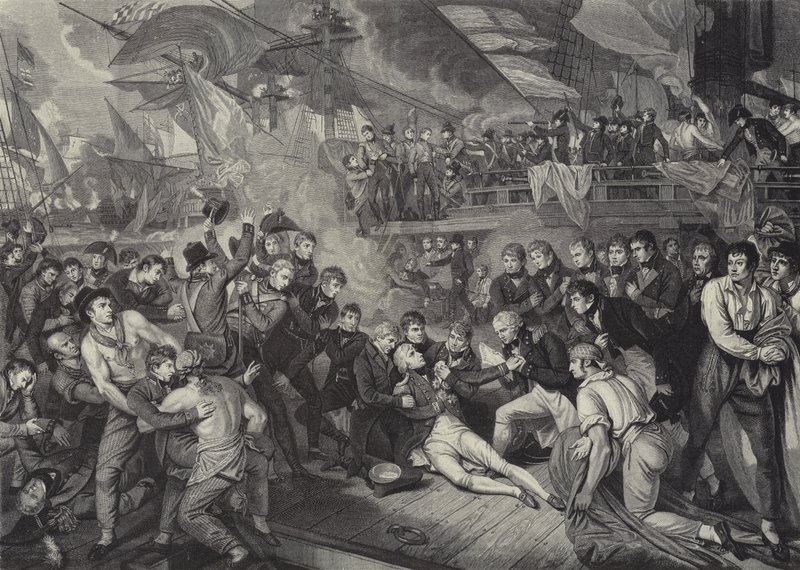 Der Tod von Admiral Lord Nelson in der Schlacht von Trafalgar von James (after) Heath