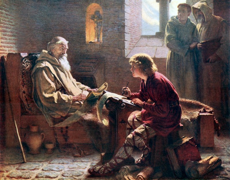Der ehrwürdige Beda übersetzt das letzte Kapitel des Johannes. Die Illustration aus An Outline of Christianity, herausgegeben von A. S. Peake et al. (Waverley, ca. 1910) von James Doyle Penrose