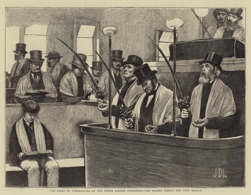 Das Laubhüttenfest in der Nordlondoner Synagoge, der Vorleser nimmt den Palmzweig von James Dromgole Linton