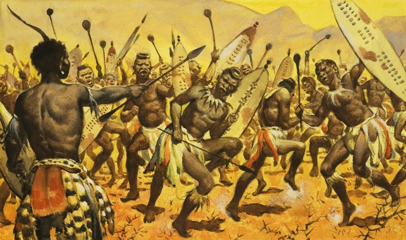 Zulu-Krieger, die von Shaka gezwungen werden, auf dornigem Boden zu tanzen von James Edwin McConnell