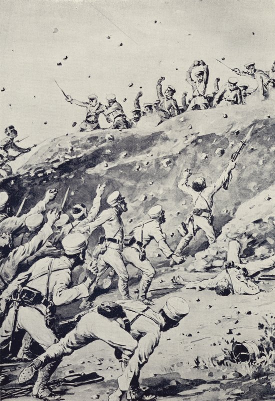 Russische Soldaten werfen Steine von einer Position auf dem To-shan von Japanese School