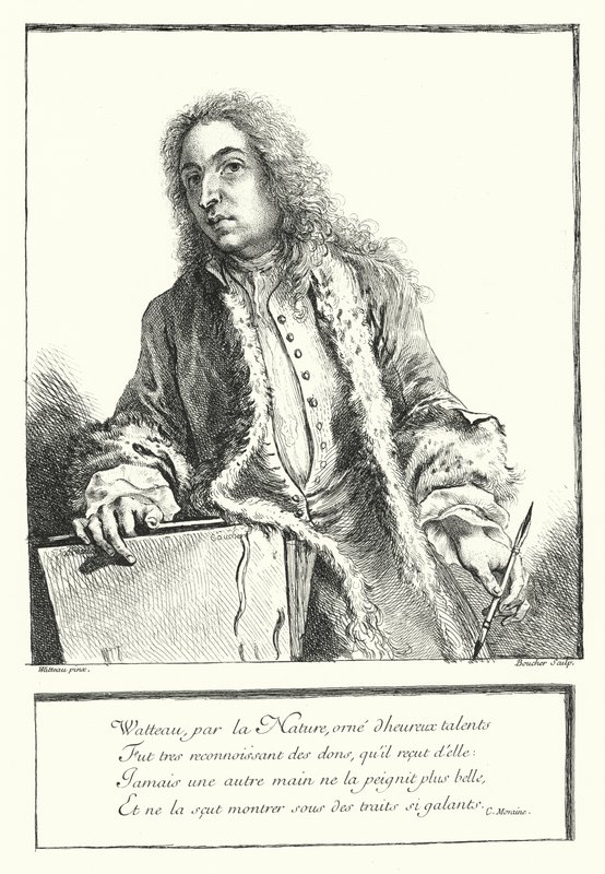 Selbstporträt des französischen Künstlers Antoine Watteau (Stich) von Jean Antoine (after) Watteau