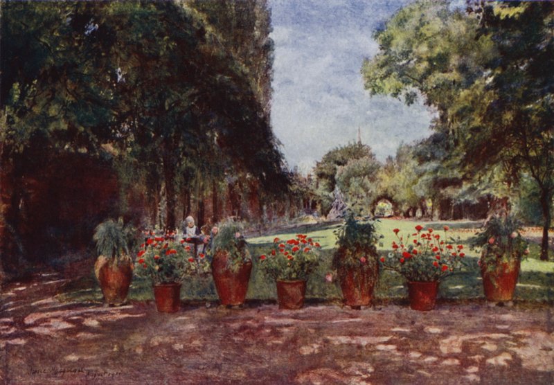 Kelmscott House, Blick auf Haus und Garten, flusswärts von Jessie MacGregor