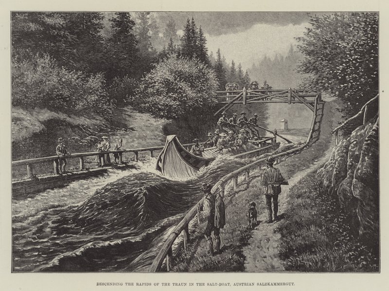 Die Stromschnellen der Traun im Salzboot hinabfahren, Österreichisches Salzkammergut von Johann Nepomuk Schonberg