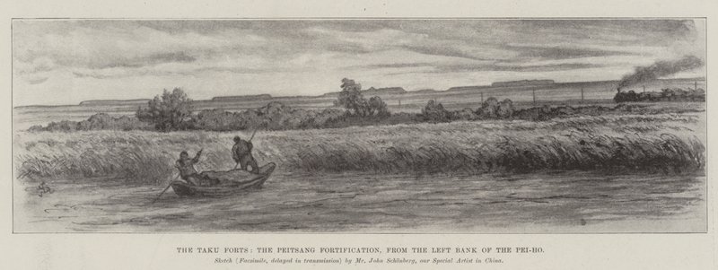 Die Taku-Forts, die Peitsang-Befestigung, vom linken Ufer des Pei-ho von Johann Nepomuk Schonberg