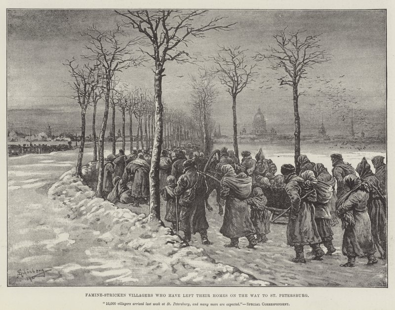 Von Hungersnot betroffene Dorfbewohner, die ihre Häuser auf dem Weg nach St. Petersburg verlassen haben von Johann Nepomuk Schonberg