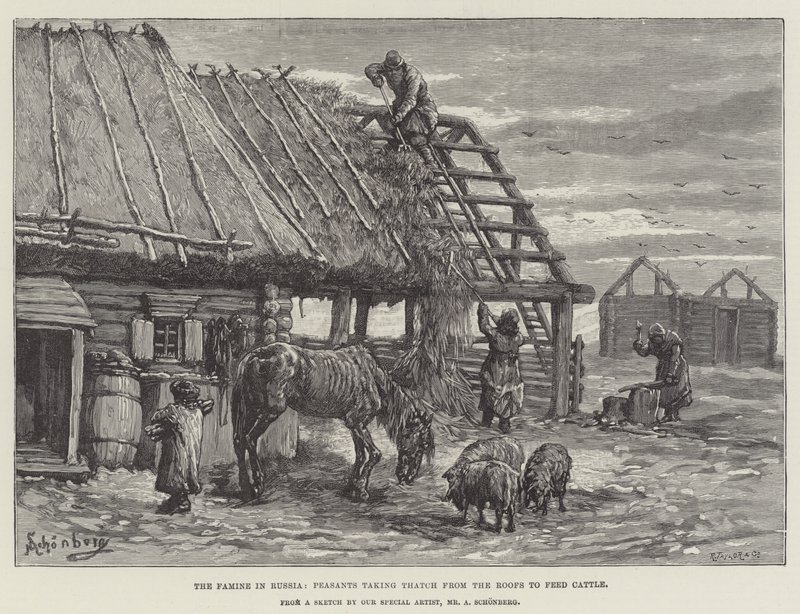 Die Hungersnot in Russland, Bauern nehmen Stroh von den Dächern, um Vieh zu füttern von Johann Nepomuk Schonberg
