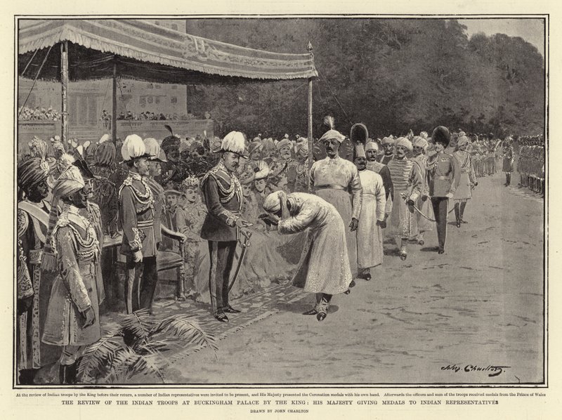 Die Überprüfung der indischen Truppen am Buckingham Palace durch den König, Seine Majestät verleiht Medaillen an indische Vertreter von John Charlton