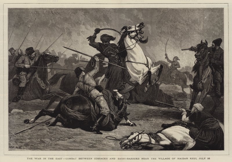Der Krieg im Osten, Kampf zwischen Kosaken und Bashi-Bazouks nahe dem Dorf Haidar Keui, 16. Juli von John Charlton