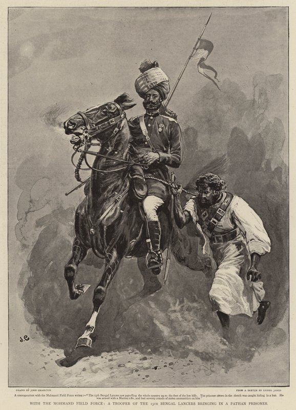 Mit der Mohmand-Feldtruppe, ein Reiter der 13. Bengal Lancers bringt einen Pathan-Gefangenen von John Charlton