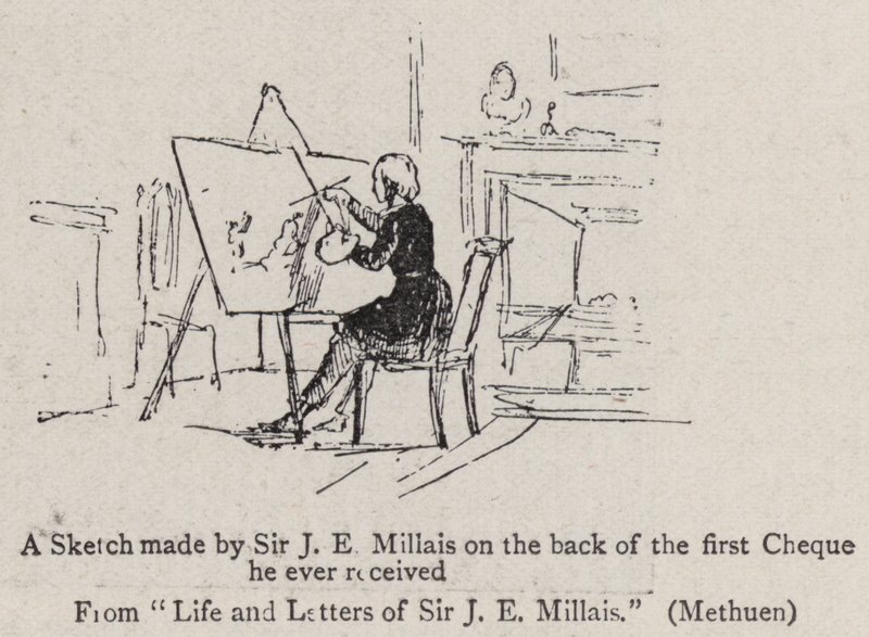 Eine Skizze von Sir J E Millais auf der Rückseite des ersten Schecks, den er je erhielt von John Everett Millais