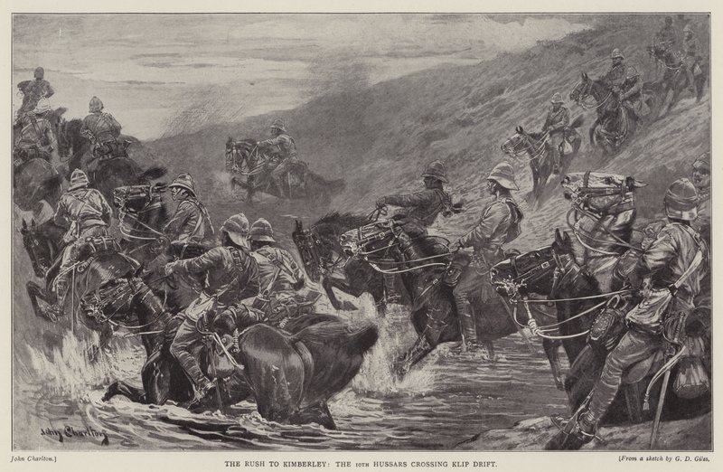 Der Ansturm auf Kimberley, die 10. Husaren überqueren Klip Drift (Lithografie) von John (after) Charlton