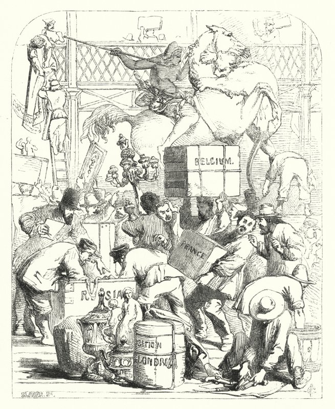 Ankunft von Waren zur Ausstellung auf der Großen Ausstellung von 1851, Crystal Palace, Hyde Park, London von John (after) Gilbert