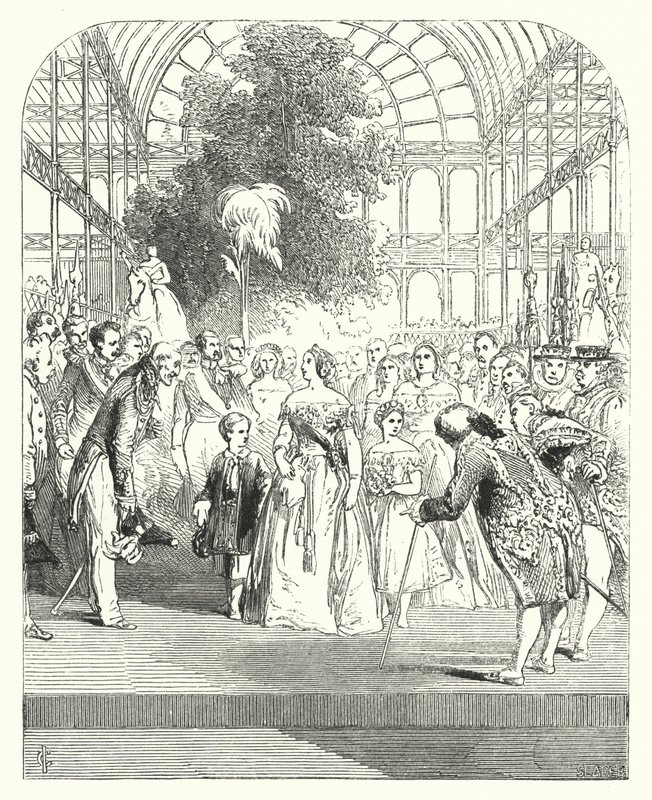 Königin Victoria und ihre Kinder besuchen die Große Ausstellung von 1851, Kristallpalast, Hyde Park, London (Stich) von John (after) Gilbert