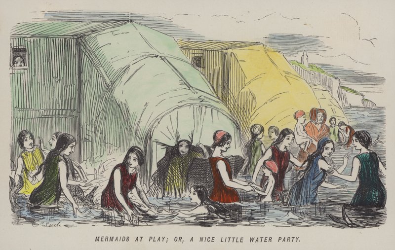 Meerjungfrauen beim Spielen: oder, eine nette kleine Wasserparty (farbiger Stich) von John (after) Leech