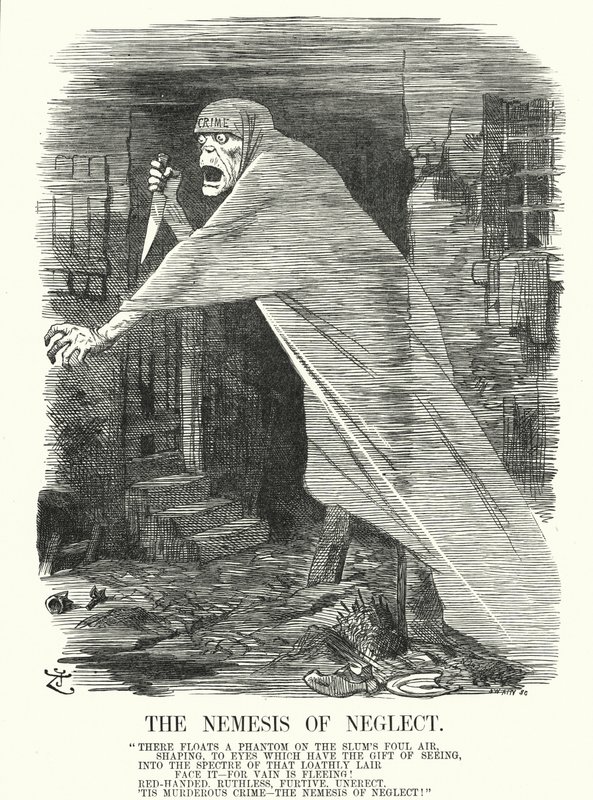 Karikatur: Die Nemesis der Vernachlässigung - Armut und Kriminalität in London zur Zeit der Jack the Ripper-Morde (Gravur) von John (after) Tenniel