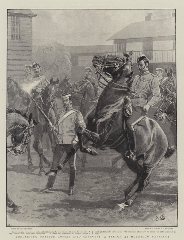 Omnibus-Pferde in Reitpferde umwandeln, eine Skizze in den Hounslow Barracks von John Charlton
