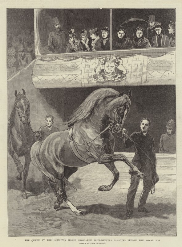 Die Königin auf der Islington-Pferdeschau, die Preisträger paradieren vor der königlichen Loge von John Charlton