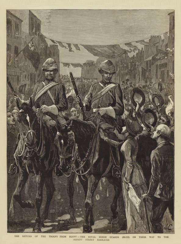 Die Rückkehr der Truppen aus Ägypten, die Royal Horse Guards (Blau) auf dem Weg zu den Albany Street Barracks von John Charlton