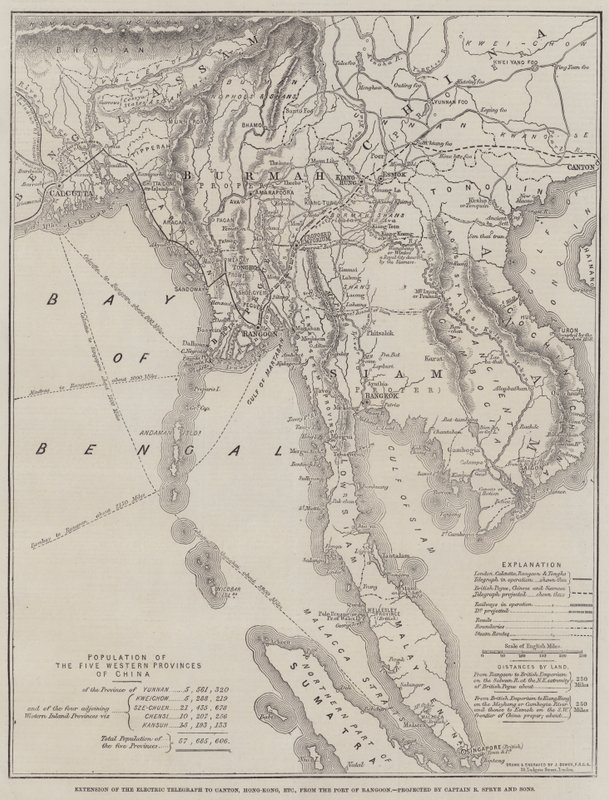 Erweiterung des elektrischen Telegraphen nach Kanton, Hongkong usw., vom Hafen von Rangoon, projektiert von Captain R. Sprye und Söhne von John Dower