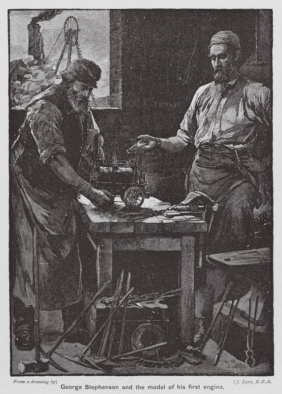 George Stephenson und das Modell seiner ersten Lokomotive von John Eyre