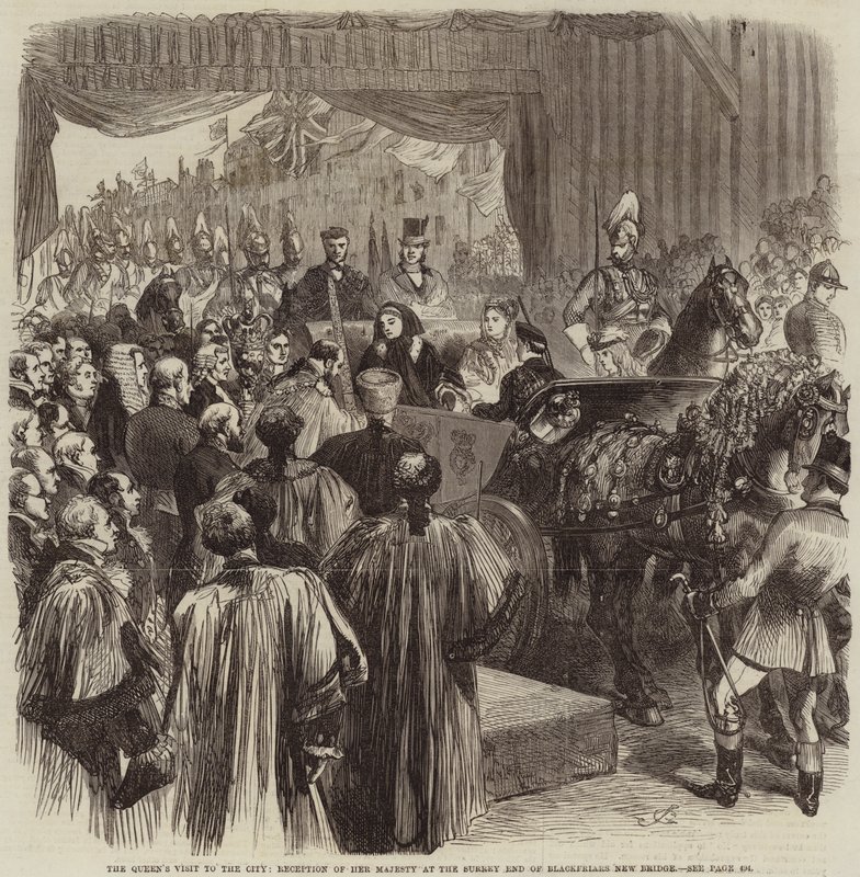 Der Besuch der Königin in der Stadt, Empfang Ihrer Majestät am Surrey-Ende der neuen Blackfriars-Brücke von John Gilbert