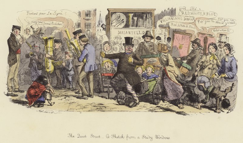 Die ruhige Straße, eine Skizze aus einem Studierzimmerfenster von John Leech